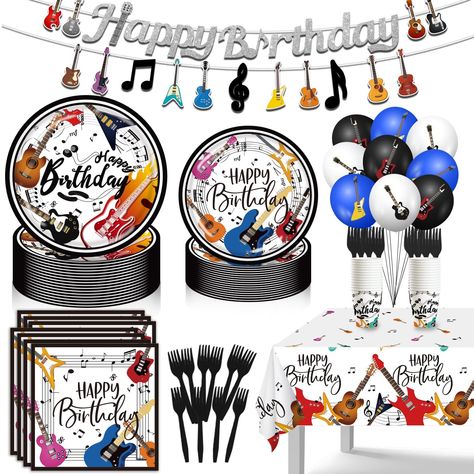 PRICES MAY VARY. Unique design: If you are looking for an music theme party decorations, look no further! our music themed party decorations can easily create an amazing birthday party. designed with music themed guitar, all of them are make your birthday time fill with the music themed guitar atmosphere . Value Pack: Our music theme party decorations set contains 111Pcs to host a party for 20 guests.include 1 ‘happy birthday’ banner, 20 large 9" paper plates, 20 small 7" paper plates, 20 paper Drum Birthday Party, Music Theme Party Decorations, Guitar Birthday Party, Rock Band Party, Drum Birthday, Music Happy Birthday, Music Theme Party, Guitar Party, Guitar Birthday