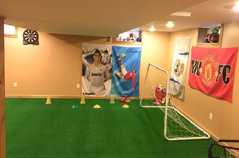 Downstairs soccer turf area Gym Room At Home, Gym Room, Diy Valentines Gifts, Valentines Diy, Box Fan, Basement, Valentine Gifts, Soccer, Diy Projects