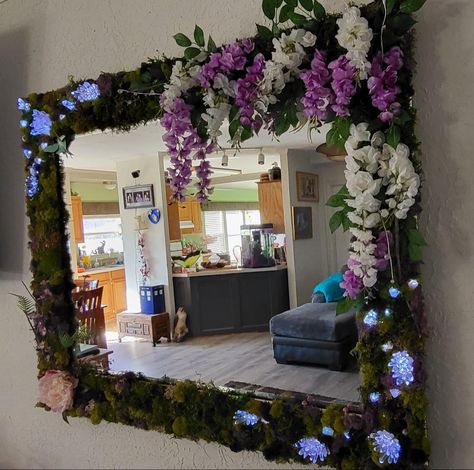 Moss mirror with fair lights Moss Light Fixture, Enchanted Forest Mirror Diy, Crystal Moss Mirror, Moss And Crystal Mirror, Mirror With Moss Frame, Square Moss Mirror, Moss Mirror With Crystals, Fairy Themed Living Room, Fake Moss Mirror