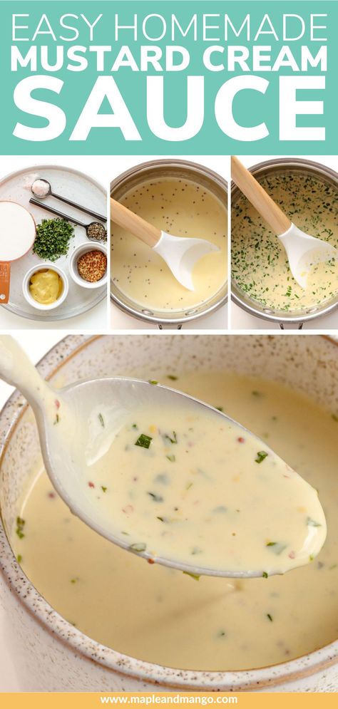 Learn how to make a delicious Creamy Dijon Sauce that’ll make your meals pop and add that gourmet touch! And the best part? It’s so simple to make – comes together in just 10 minutes! Drizzle this mustard cream sauce recipe over pork, chicken, salmon, steak, fish, veggies and more! | www.mapleandmango.com Easy Mustard Sauce, Creamy Sauce For Vegetables, Salmon With Mustard Cream Sauce, Creamy Dijon Mustard Sauce, Homemade Sauce For Fish, Alexander Sauce Recipe, Creamy Mustard Sauce For Pork, Chicken Mustard Cream Sauce, Creamy Honey Mustard Sauce