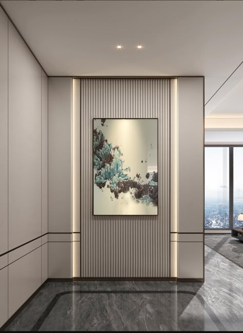 Foyer Lobby Design, Corridor Wall Design Home, Modern Office Wall Paneling Design, Lobby Wall Panelling Design Modern, Bedroom Side Wall Design, Hallways With Panelling, Passage Wall Design, Modern Hall Design, Foyer Design Modern Entrance