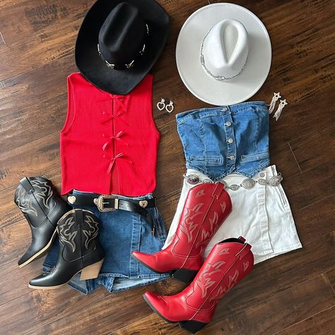 when you & your bestie want to match but don’t want to match-match ❤️ . . . . . . . . country concert outfits, western style, rodeo outfits Western Themed Party Outfit, Red Country Outfit, Outfits Western Style, Dallas Outfit, Country Concert Outfits, Country Thunder, Country Fits, Summertime Outfits, Boots Outfits