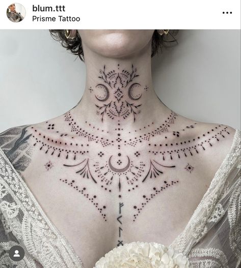 Women Sternum Tattoo, Sternum Tattoos For Women, Chest Tattoo Designs Female, Mandala Sternum Tattoo, Sternum Tattoos, Underboob Tattoo Designs, Throat Tattoo, Neck Tattoos Women, Dot Tattoos