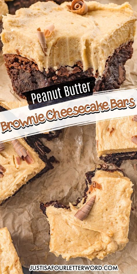 Peanut Butter Cheesecake Brownie bars are made from scratch with a brownie bottom and a whipped cream cheese, peanut butter topping. Peanut Butter Cool Whip Brownies, Brownie Peanut Butter Cheesecake, Peanut Butter Cheesecake Brownie Bars, Brownie Cream Cheese Bars, Peanut Butter And Brownie Dessert, Brownie Bottom Cheesecake Bars, Peanut Butter Cream Cheese Bars, Peanut Butter Cream Cheese Desserts, Peanut Butter Crunch Brownies