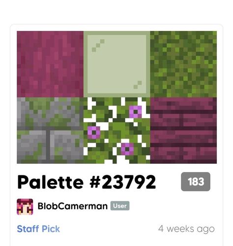 Minecraft Skin Color Palette, Minecraft Path Block Palette, Minecraft Green Block Palette, Best Minecraft Block Combinations, Block Palets Minecraft, Pink Minecraft Block Pallete, Building Pallets Minecraft, Mangrove Block Palette, Minecraft House Pallets