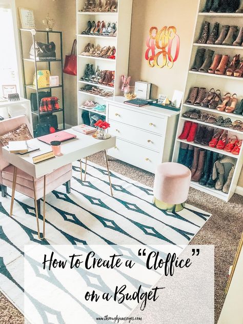 Dressing Room With Office, Spare Room Cloffice, Pink And White Dressing Room, Small Closet Room Design, Dressing Office Room, Dressing Room On A Budget, Spare Room Closet Ideas On A Budget, Turn A Room Into A Closet On A Budget, Office Get Ready Room