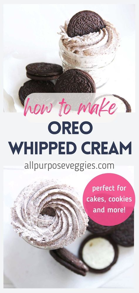 This super fun and easy Oreo Whipped Cream is a party favorite, and actually a time machine in disguise :) Featuring a creamy blend of crushed Oreos, heavy cream, and a touch of vanilla, it's a decadent topping that will bring back all the sweet nostalgia of childhood treats. Just perfect for frosting your desserts, from cakes to cupcakes to give that delicious cookie and cream flavor #whippedcream #chantillycream #frosting #oreo #oreofrosting #cookiesandcream Oreo Frosting Recipe Easy, Cookies With Whipped Cream, Oreo Frosting Whipped, Whipped Cream Icing For Cupcakes, Whipped Cream Cupcake Frosting, Cupcake Whipped Cream Frosting, Cookies And Cream Frosting Recipe, Cookies And Cream Whipped Frosting, Cookies And Cream Whipped Cream