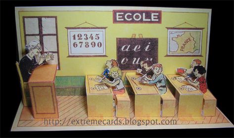 French school room pop up card made from Agence Eureka graphic. Pop Up Tutorial, Pop Up Valentine Cards, Mechanical Cards, Teacher Birthday Card, Greeting Cards Handmade Birthday, Libros Pop-up, Teachers Day Card, Creative Birthday Cards, Pop Box