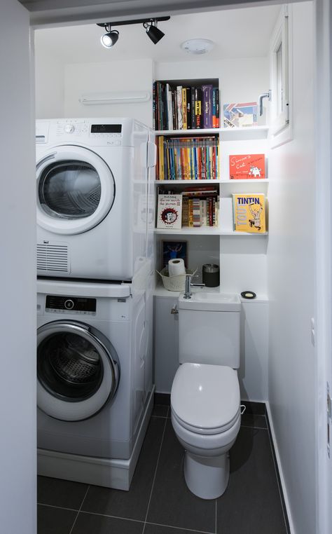 Toilettes buanderie - Contemporary - Utility Room - Other - by Fables de Murs | Houzz UK Tiny Utility Room With Toilet, Small Laundry Room Ideas With Toilet, Freestanding Utility Room, Washing Machine In Downstairs Toilet, Utility Cloakroom Ideas, Small Utility Toilet Room Ideas, Utility Downstairs Toilet, Small Utility Room With Toilet Layout, Small Utility With Toilet