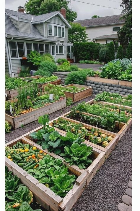 Raised garden beds brimming with various vegetables and herbs in a well-maintained yard in front of a house, showcasing lush greenery and vibrant plants. Backyard Vegetable Garden Ideas, Home Vegetable Garden Design, Backyard Vegetable Garden, Vegetable Garden Ideas, Dream Backyard Garden, Raised Bed Garden Design, Garden Inspo, Backyard Vegetable Gardens, Organic Vegetable Garden