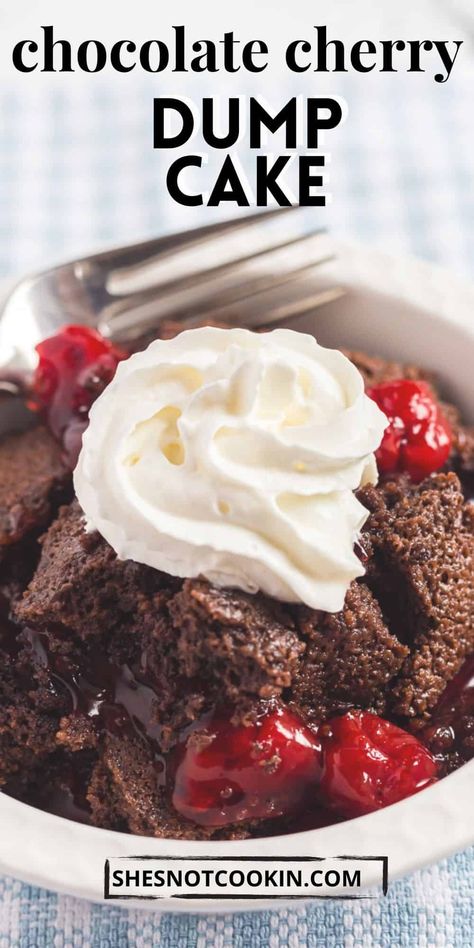 Perfect for busy weeknights, this easy Chocolate Cherry Dump Cake is mixed right In the pan. No mess for clean up and it cooks as you finish getting dinner ready. Cherry Chocolate Dump Cake, Black Forest Dump Cake Recipes Chocolate Cherry, Chocolate Cherry Dump Cake, Chocolate Dump, Cherry Dump Cake Recipe, Chocolate Dump Cake, Cherry Dump Cake, Dump Cake Recipe, Cherry Chocolate