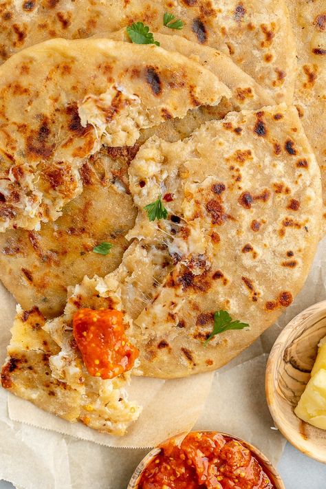 Easy Stuffed Spicy Cheese Paratha – The Sassy Foodie Cheese Paratha Recipe, Cheese Paratha, Indian Flatbread, Paratha Recipe, Spicy Cheese, Kid Friendly Snack, Paratha Recipes, Types Of Flour, Melty Cheese