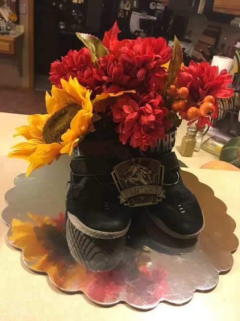 Wrestling Centerpiece Ideas, Wrestling Banquet Centerpieces, Wrestling Banquet Ideas, Wrestling Banquet, Wrestling Party, Banquet Centerpieces, Wrestling Shoes, Arrangement Ideas, Senior Night