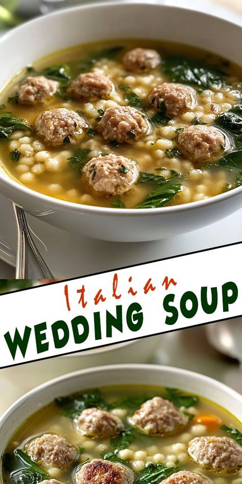 Discover the delightful flavors of Italian Wedding Soup—a comforting, hearty dish perfect for family dinners, celebrations, or a cozy night in! 🍲✨ Don’t forget to save this recipe for later! Pin it now and share it with friends who love Italian cooking! 📌✨ #ItalianWeddingSoup #SoupRecipe #ComfortFood #HealthyEating #ItalianCuisine #FamilyDinner #EasyRecipes #Foodie #Yummy #MealPrep Wedding Soup Meatball Recipe, Crockpot Italian Wedding Soup, Italian Meatball Soup, Italian Wedding Soup Recipe, Meatball Soup Recipes, Meatball Dinner, Fall Soup Recipes, Wedding Soup, Cooking Soup