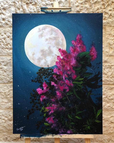 By #narmeen_ayad #art #artist #acrylic #painting #drawing #moon #night #flowers Flowers At Night Painting, Moon And Flower Painting, Moon Paintings Aesthetic, Night Aesthetic Painting, Colour Full Drawing, Moon Drawings Aesthetic, Poster Colour Painting Ideas, Acrylic Painting Moon, Moon Painting Acrylic