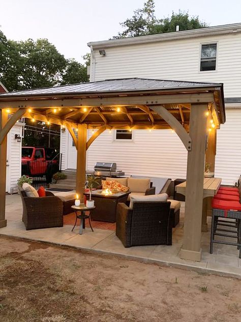 A Great Gazebo! 😀 - Yardistry Structures - Gazebos, Pergolas and Pavilions Backyard Pergola Decor, Patio And Gazebo Ideas, Backyard Gazebo With Fire Pit, Patio With Gazebo And Fire Pit, Back Patio Gazebo Ideas, Back Deck Gazebo Ideas, Backyard Patio With Gazebo, Backyard Patio Gazebo, Diy Pool Gazebo