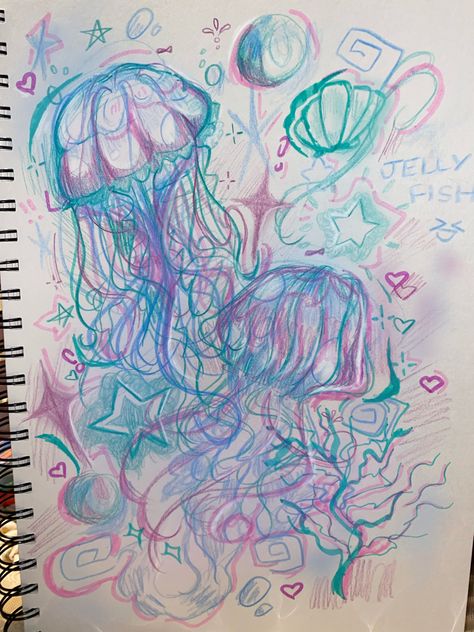 Y2k Drawing Aesthetic, Sketchbook Mixed Media, Jelly Fish Art Drawing, Jelly Artstyle Traditional, Jelly Fish Drawing Color, Art Ideas Colored Pencils, Jelly Art Sketch, Jellyfish Art Style, How To Draw Y2k Art Style