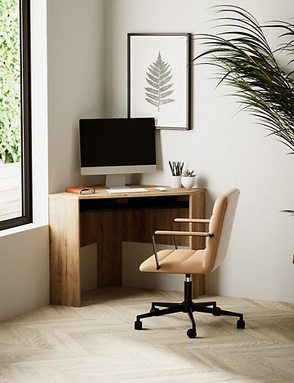 Small Desk In Corner, Bedside Table And Desk, Small Workstation Ideas, Small Work Area In Bedroom, Small Desk With Monitor, Desk For Small Rooms Bedrooms, Sleek Desk Ideas, Study Area Small Space, Computer Corner Living Room