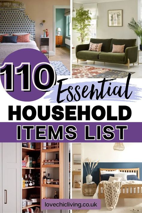 Here' a comprehensive list of all the essential households you need for a new home. From household supplies, to furniture, to accessories and more, start collating your common household list now. Click to read more. House Furniture Checklist, Cool Household Items, Furniture Shopping List, Essential Household Items List, List Of Items For New Home, First Home Essentials List, List Of Items For New Apartment, Basic Household Items List, Essential Home Items