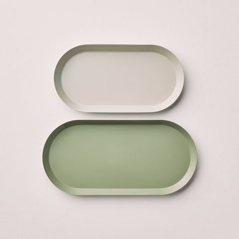 Keep keys, bills, stamps and other items organized with the 2-Piece Metal Oval Desk Tray Set from Hearth & Hand™ with Magnolia. Made with metal, this pack of two trays is designed in an oval shape with raised sides for a stylish look. These metal desk trays come in two different sizes and are set in green tones for easy integration into your decor style. You can place them on tabletop or shelf for decoration. Hearth & Hand™ with Magnolia: Gather • Create • Enjoy Coffee Tray Ideas, Dietitian Office, Oval Desk, Green Room Decor, Dried Wreath, Hearth & Hand With Magnolia, Coffee Tray, Office Organizer, Kitchen Tray