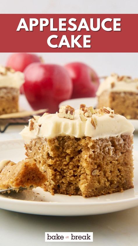 This super moist Applesauce Cake is packed with warm spices and topped with a creamy brown sugar cream cheese frosting. An easy, cozy dessert perfect for fall or anytime you want a comforting treat! Apple Cake Made With Applesauce, Moist Applesauce Cake, Best Applesauce Cake, Apple Sauce Cake Recipe Easy, Apple Cake With Applesauce, Applesauce Dessert Recipes, Apple Cake Frosting, Desserts Made With Applesauce, Dessert With Applesauce