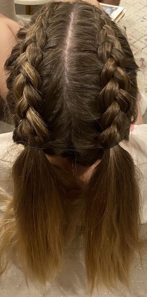 French Braid Into Two Ponytails, Braid For Softball, 2 French Braids Into Ponytail Hairstyles, Teo Braids Into Low Ponytail, Netball Hairstyles Braids, 2 Braids To Ponytail, 2 Braids Into A Ponytail, Braids Into 2 Ponytails, Braid Going Into Ponytail