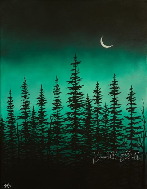 Enchanted Forest | Print Shop Forest Silhouette Painting, Forest Scene Painting, Dark Green Painting Ideas, Midnight Painting Easy, Enchanted Forest Painting Easy, Magic Forest Painting, Paint Forest Acrylic, Simple Forest Painting, Green Sky Painting