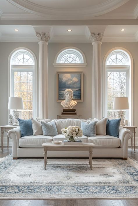 Roman Inspired Living Room, Classical Design Interior, Neoclassical Color Palette, Neoclassical Interior Design Living Room, Modern Classic Interior Design Living Room, Neoclassical Interior Living Rooms, Living Room Neoclassic, Neo Classical Living Room, Room Ideas Clean