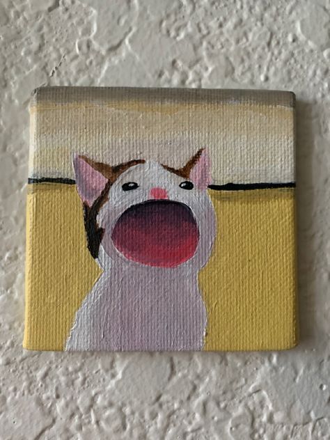 Pop Cat Painting, Cute Art Acrylic, Cute Simple Cat Paintings, Simple Art Pieces, Cat Drawing Canvas, Easy Cat Painting Ideas, Funny Mini Paintings, Cat Mini Painting, Mini Canvas Art Cat