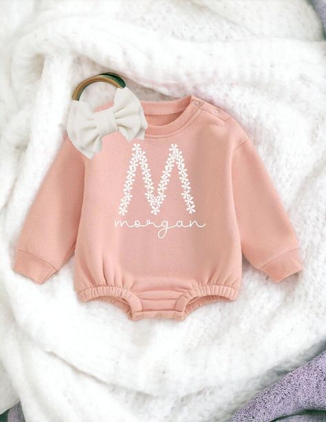 Personalized newborn girl coming home from hospital outfit | Pink sweatshirt personalized onesie for baby girl with name and initial by RileyGraceFashion on Etsy Home From Hospital Outfit, Coming Home From Hospital, Personalized Baby Hat, 2nd Birthday Outfit, Newborn Coming Home Outfit, Monogram Outfit, Personalized Onesie, Personalized Newborn