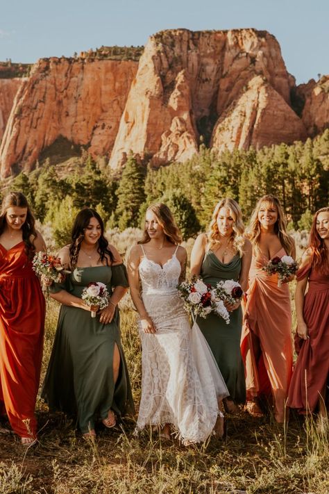 Terracotta Wedding Bridesmaid Dresses, Orange Dress Outfit Wedding, Bridesmaid Dresses Burnt Orange, Burnt Orange Wedding Theme, Copper Saree, Bridesmaid Dresses Orange, Orange Dress Outfit, Orange Wedding Theme, Zion Elopement