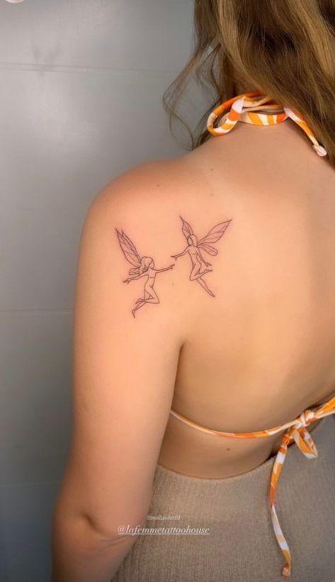 Back Fairy Tattoo, Fairy Tattoo Collarbone, Spine Fairy Tattoo, Fairy Spine Tattoos For Women, Fairies Tattoos For Women, Best Friend Fairy Tattoos, Fairy Line Tattoo, Fairy Tattoo On Back, Two Fairy Tattoo