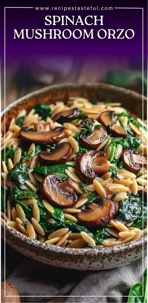 Spinach Mushroom Orzo is a flavorful, quick, and nutritious dish that combines tender orzo pasta with earthy mushrooms, fresh spinach, and Parmesan cheese. This dish is easy to prepare and perfect for a light dinner or as a side dish to complement a larger meal. With just a few ingredients, it’s a comforting and satisfying recipe everyone will love. Mushroom Side Dish Recipes, Orzo Recipes Side, Orzo Dinner Recipes, Mushroom Orzo, Orzo Spinach, Spinach Mushroom Pasta, Orzo Pasta Recipes, Orzo Dishes, Mushroom Side Dishes