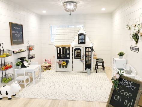 Porche City Market (Indoors) — Porche & Co. Costco Playhouse Makeover, Costco Playhouse, Playhouse Makeover, Basement Playroom, Boys Playroom, Girls Playroom, Toddler Playroom, Kids Playroom Decor, Kids Play Kitchen