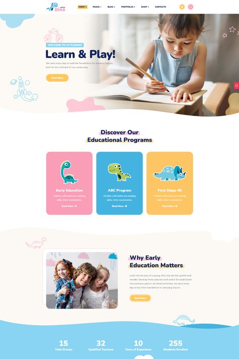 Littledino is a modern kids WordPress theme available on ThemeForest. It is specifically designed for websites related to children, such as daycare centers, nurseries, kindergartens, and preschools. The theme offers a range of features and customization options to create an engaging and child-friendly website. Preschool Website Design, Daycare Website Design, Childcare Website Design, Kindergarten Website Design, Kids Website Design Inspiration, Baby Website Design, Kids Website Design, Passion Symbol, Kindergarten Website