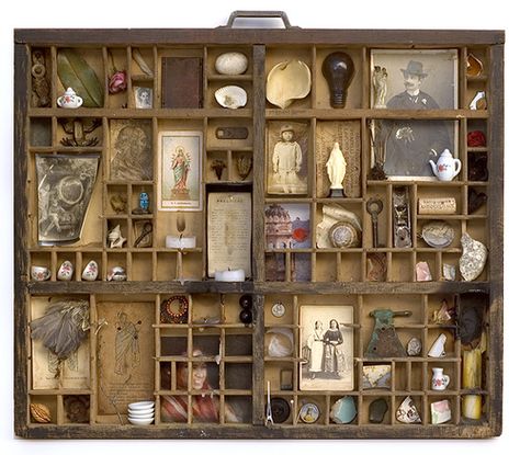 Cemeteries Ghosts Graveyards Spirits:  An old printer's type tray employed as a hanging Ancestor Altar. Assemblage Art, Printers Drawer, Printers Tray, Cabinet Of Curiosities, Shadow Boxes, Displaying Collections, Box Art, Wooden Box, Altered Art