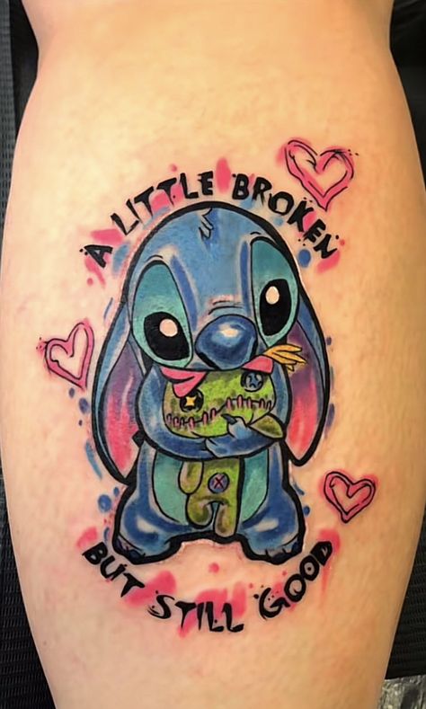 Watercolor Stitch Tattoo, Cute Stitch Tattoo, Bluey Tattoos, Disney Stitch Tattoo, Lilo And Stitch Tattoo, Disney Inspired Tattoos, Disney Sleeve Tattoos, Stitch Quotes, Stitch Tattoo