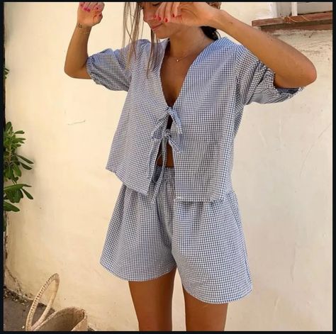 Two Piece Lounge Set, Pajama Outfit, Peplum Shirt, Peplum Shirts, Pajamas Sets, Women Y2k, Tie Front Top, Front Tie Shirt, Summer 24