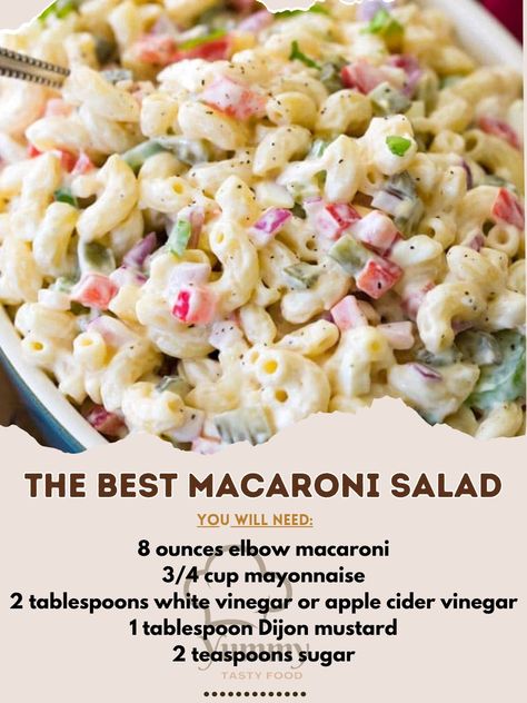 The Best Macaroni Salad is a classic and beloved dish that combines tender macaroni pasta with a creamy, tangy dressing and a colorful mix of vegetables and optional add-ins for texture and flavor. Perfect for picnics, potlucks, and barbecues, this salad can be customized to suit your taste. Here's a versatile recipe that's sure to be a hit: The Best Macaroni Salad Recipe 🍝🥗 Enjoy a creamy, tangy, and satisfyingly crunchy macaroni salad, a crowd-pleaser at any gathering. Ingredients: 8 ou... Macronie Salad Recipe, Macronie Salad Recipe Easy, Best Macaroni Salad Recipe, The Best Macaroni Salad, Sweet Pickle Relish, Best Macaroni Salad, Macaroni Salad Recipe, Macaroni Pasta, Elbow Macaroni