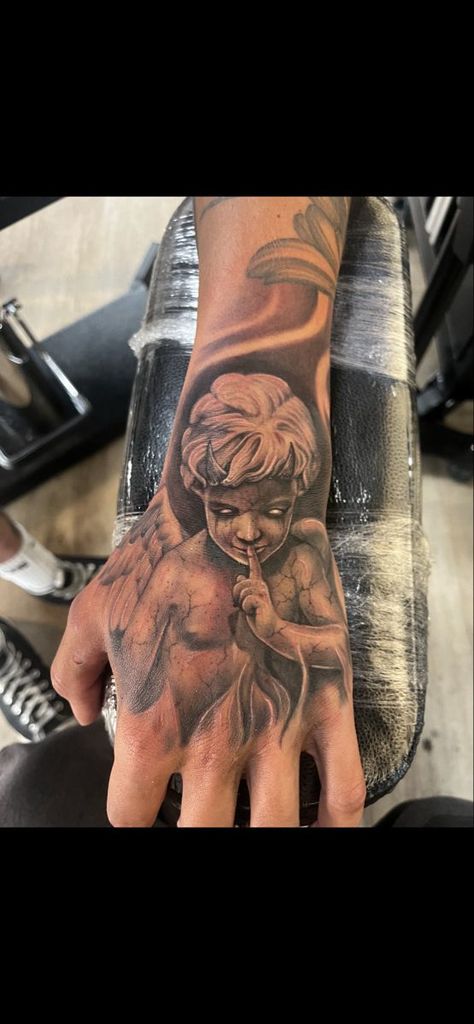 Angel Tattoo On Hand For Men, Scary Back Tattoos For Guys, Big Hand Tattoos Men, Evil Hand Tattoos For Guys, Mens Tattoos Ideas Hand, Evil Tattoo Ideas For Men, Demon Neck Tattoo Men, Fear Nun Tattoo Men, Devils Tattoo Design