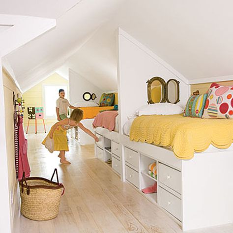 Attic beds. Portal Windows. 3kids In One Room, Three Girls Bedroom, Attic Beds, Partial Wall, Bunk Beds Built In, Happy Room, Beach House Bedroom, Built In Bunks, Built In Bed