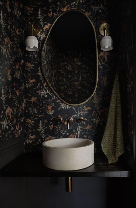 Morris and Co. wallpaper, basin sink and brass faucet Dark Powder Room Ideas, Half Bathroom Wallpaper, Moody Powder Room, Powder Bathroom Ideas, Half Bathroom Design, Moody Bathroom, Gothic Bathroom, Dark Bathroom Ideas, Powder Room Wallpaper