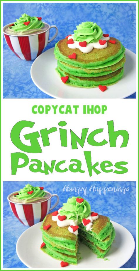 Copycat IHOP Grinch Pancakes Recipe Grinch Goodies, Grinch Pancakes, Christmas Breakfasts, Ihop Breakfast, Holiday Pancakes, Grinch Night, Natasha Kitchen, Ihop Pancakes, Yummy Pancakes