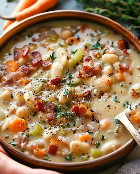 Creamy Bacon and White Bean Soup Lobster Cream Sauce, Bean And Bacon Soup, White Bean Soup Recipes, Parmesan Cream Sauce, Bacon Soup, Pecan Salad, Bean Soup Recipes, White Bean Soup, Hearty Dinner