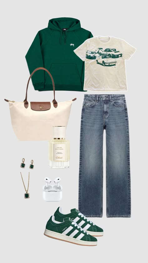 #outfitinspo #campusoutfit #campus00s #adidascampus #greencampus00s #green #greenaesthetic #greenoutfit #beigeandgreen #lonchamp #cleangirl Green Shoes Outfit, Green Campus, Outfit Campus, Adidas Outfit Shoes, Campus Outfit, Green Adidas, Fiesta Outfit, Outfit Streetwear, Casual Outfit Inspiration