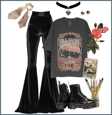 Bell Bottoms And Combat Boots, Shakey Graves Concert Outfit, Coven Inspired Outfits, Bohemian Goth Aesthetic, Vintage Alt Outfits, Witchy Outfits Pants, Virgo Aesthetic Outfit, Mid Size Goth Outfits, Black Boho Outfits