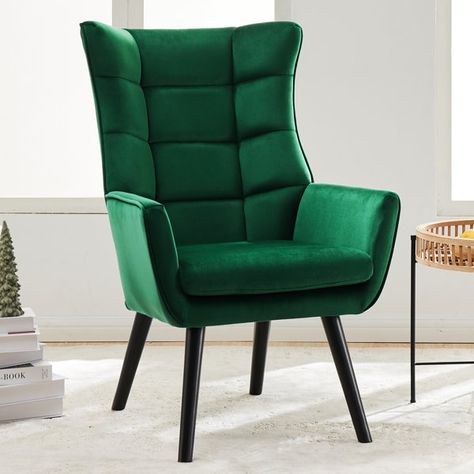 Wingback Chair Living Room, Club Chairs Living Room, Green Accent Chair, Velvet Wingback Chair, Wingback Accent Chair, Comfy Armchair, Dark Green Velvet, Accent Chair Set, Comfortable Armchair