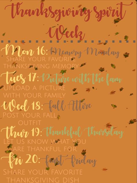 🧡🍂🤍🍁 Fall Spirit Week Ideas, October Spirit Week Ideas, Thanksgiving Spirit Week Ideas, Thanksgiving Spirit Week, Fall Spirit Week, Holiday Spirit Week, Morale Ideas, Spirit Week Ideas, Spirit Weeks