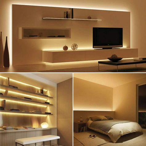 Table With Lights Underneath, Bedroom Light Strip Ideas, Living Room Shelf Lighting, Light Strip Ideas Living Rooms, Warm White Led Strip Lights Living Room, Home Office Led Lighting Ideas, Home Office Led Lighting, Hidden Lighting Bedroom, Hidden Led Lights