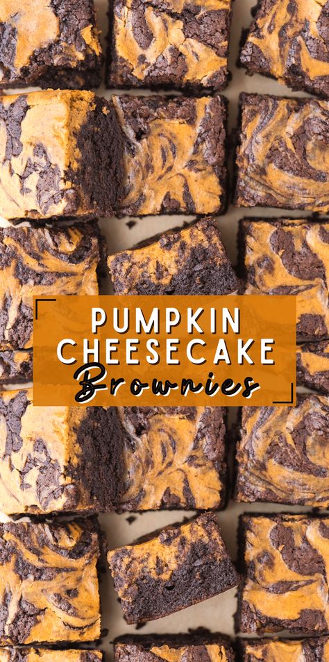 Pumpkin cheesecake brownies are a favorite fall pumpkin dessert! These cheesecake brownies are the right amount of fudgy and chewy with a ribbon of pumpkin cheesecake swirled in. #pumpkinbrownie #cheesecakebrownie #pumpkincheesecakebrownie #brownies Fall Blondies Recipe, Sourdough Pumpkin Brownies, Pumpkin Pie Brownies, Thanksgiving Brownies Ideas, Pumpkin Brownie Recipes, Pumpkin Cream Cheese Brownies, Pumpkin Brookies, Pumpkin Brownie Cheesecake, Pumpkin Cheesecake Bread